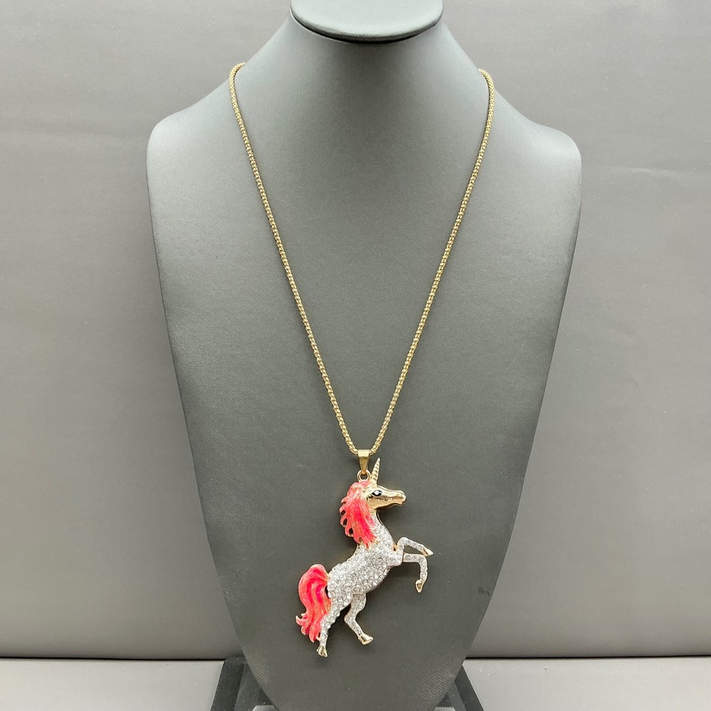 Betsey Johnson Unicorn Pendant Necklace Women Gold Pink Crystal Fashion Jewelry